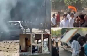 नोएडा में कर्मचारियों का उग्र प्रदर्शन, पुलिस और अन्य वाहनों में तोड़फोड़